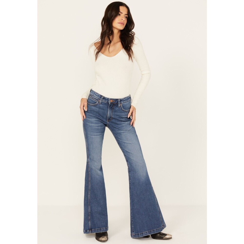 Wrangler Womens Retro High Rise Flare Denim Jeans Dark Blue Stretch Trumpet